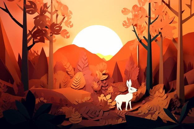 Une illustration d'un lapin dans une forêt avec des feuilles d'oranger.