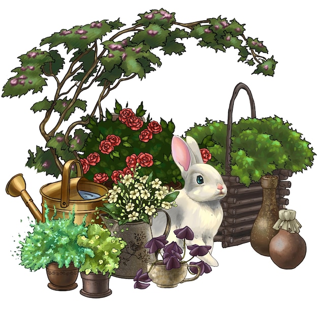 Illustration d'un lapin mignon dans le jardin avec des fleurs