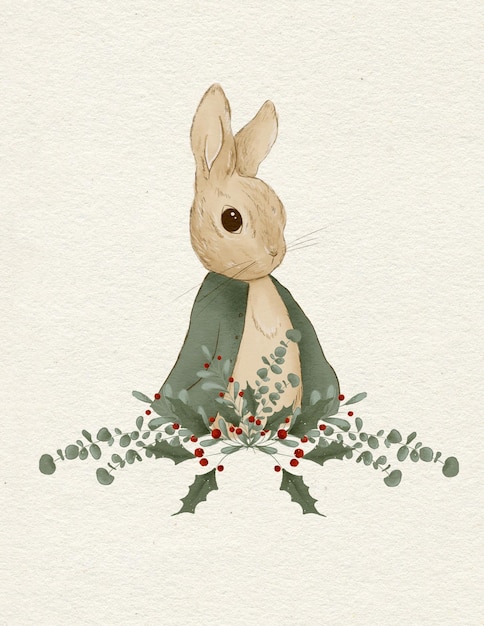 Une illustration d'un lapin de Noël dans les couleurs classiques de Noël rouge et vert