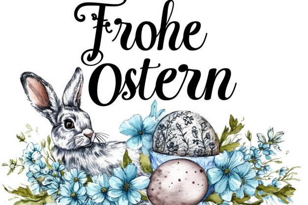 illustration d'un lapin œufs de Pâques et le texte Frohe Ostern