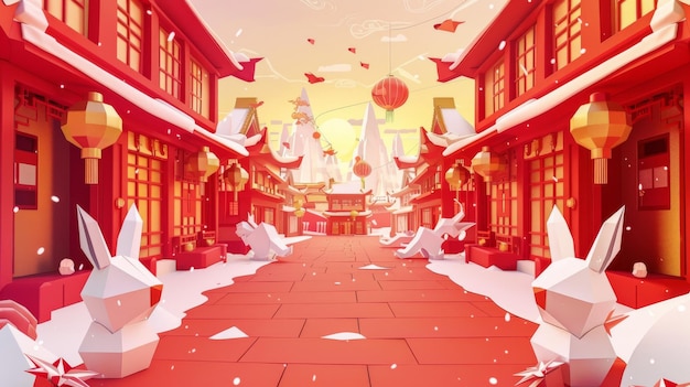 Illustration de lapins origami flanquant un dragon en tasse de papier sur une place festive Bâtiments traditionnels rouges et lanternes en arrière-plan Texte propice
