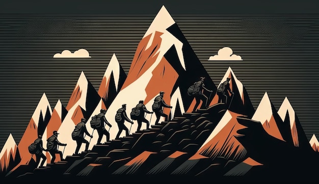 Illustration Leader conduit ses hommes au sommet de la montagne et atteint le but