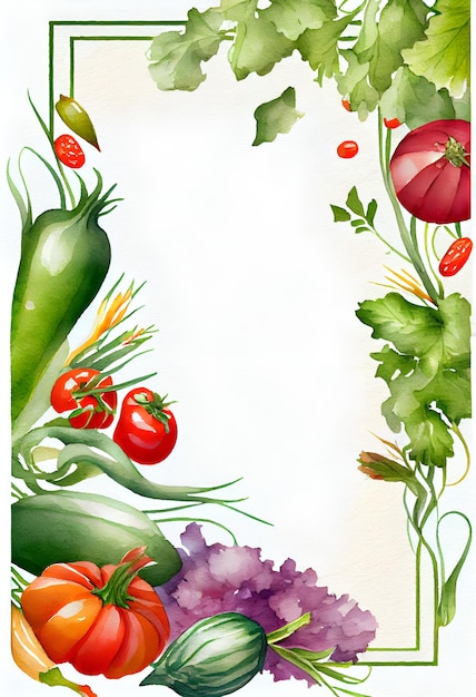 Illustration de légumes à l'aquarelle avec bordures et espace pour le texte AI générative