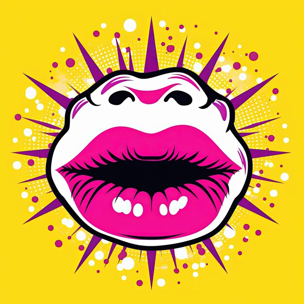une illustration de lèvres rose pop avec des soleils violets dans le style jaune clair et