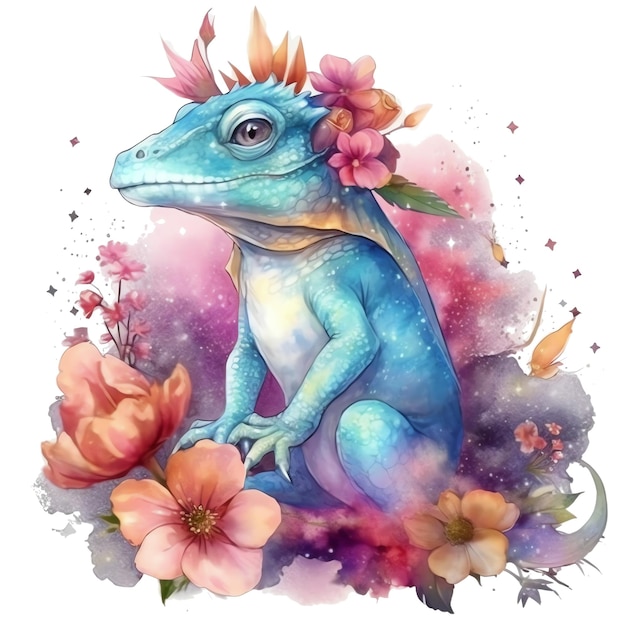 Illustration de lézard floral aquarelle fantaisie