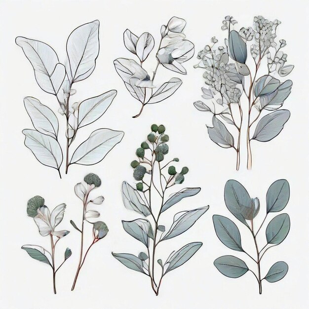 Illustration linéaire dessinée à la main eucalyptus