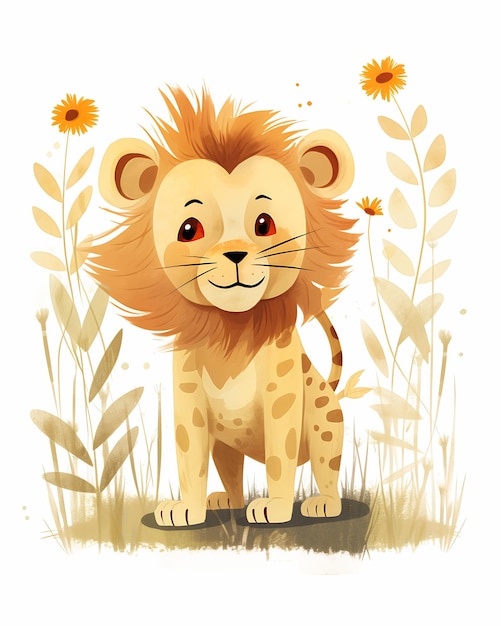 illustration lion assis herbe fleurs incroyablement mignon fort grand rappelez-vous d'être né adorablement