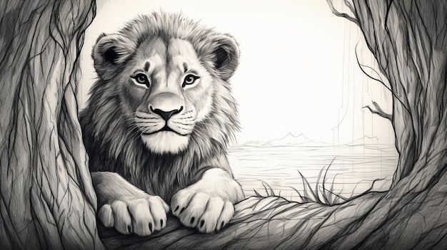 Illustration de lion réaliste sur tronc d'arbre Art de paysage monochrome