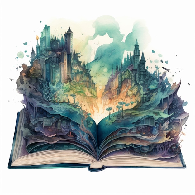 Illustration d'un livre avec un château au milieu de celui-ci générative ai