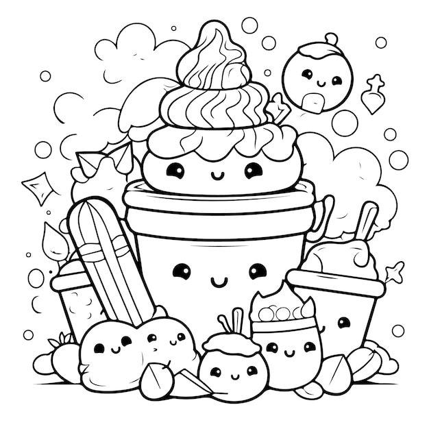 Photo illustration de livre de coloriage kawaii dessinée à la main