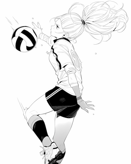 Photo illustration de livre à colorier hyper détaillée du joueur de volley-ball kawaii