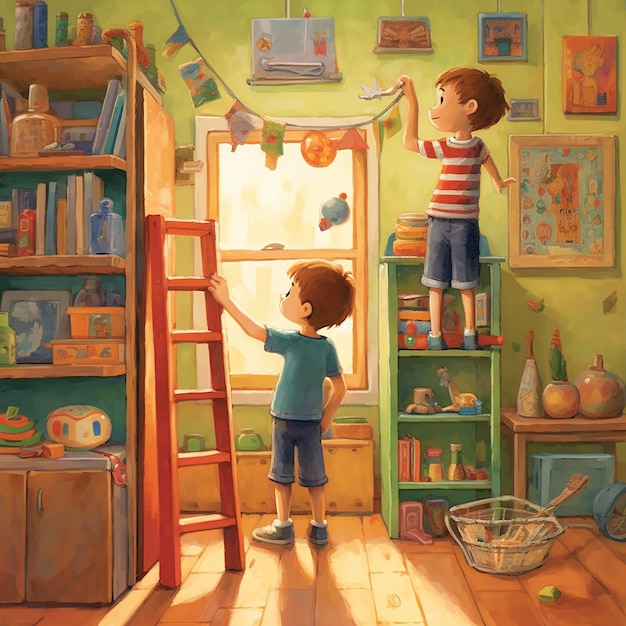 Illustration de livre de deux enfants décorant une pièce colorée