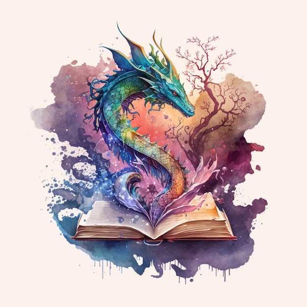 Illustration d'un livre avec un dragon dessus et un arbre en arrière-plan ai générative