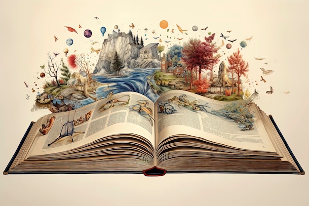 Photo illustration d'un livre d'ia générative avec des plantes vertes et des forêts durablesconcept d'environmet sauver la terre