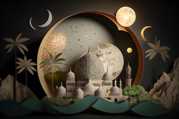 illustration un livre ouvert avec une mosquée et une lune sur le dessus