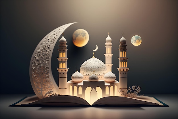 illustration un livre ouvert avec une mosquée et une lune sur le dessus