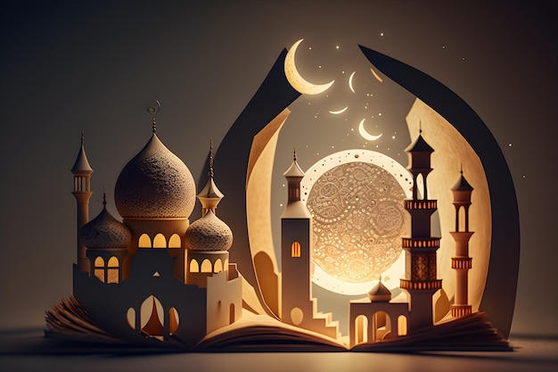 illustration un livre ouvert avec une mosquée et une lune sur le dessus