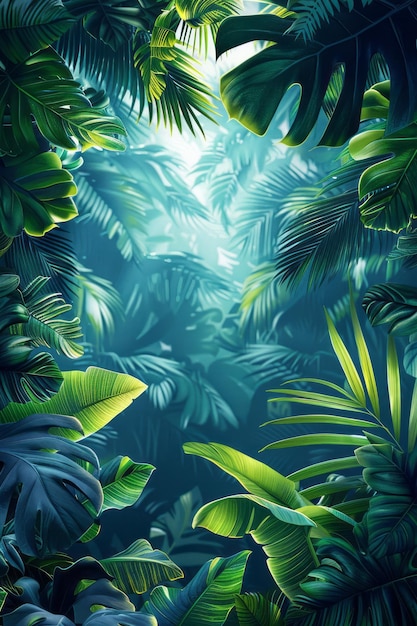 Illustration de livre pour enfants d'une aventure dans la jungle avec un gradient d'arrière-plan du vert au bleu et des dessins de feuilles ludiques