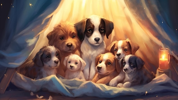 Photo illustration de livre pour enfants un groupe de chiens adorables câlins ensemble dans un fort de couverture confortable