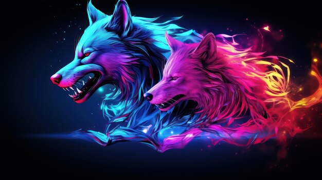 Photo illustration d'un loup et un loup à la lumière du néon