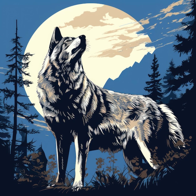 Illustration d'un loup à minuit couleur plate bleu et orange Image générée par l'IA