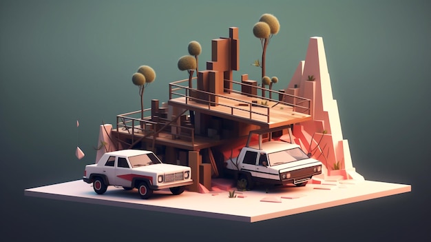 Une illustration low-poly d'une maison avec une voiture devant elle.