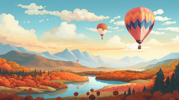 Illustration ludique mettant en vedette des ballons à air chaud qui volent au-dessus du paysage d'automne