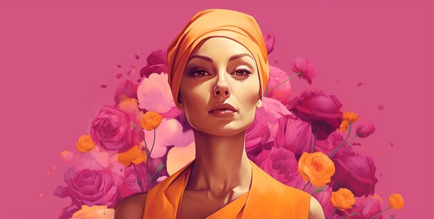 Illustration sur la lutte contre le cancer du sein le visage d'une femme avec des fleurs roses