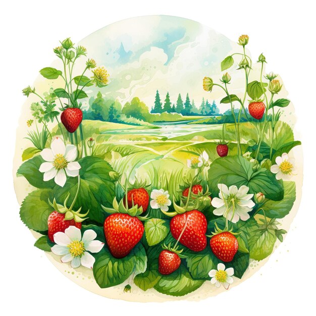 Illustration luxuriante d'un champ de fraises avec des fraises rouges vibrantes, des fleurs blanches et une forêt verdoyante en arrière-plan