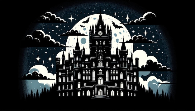 illustration d'un magnifique château de vampires entouré de chauves-souris