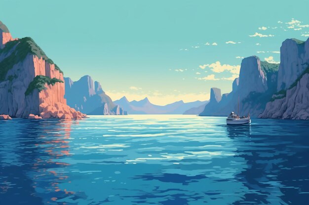 Illustration sur le magnifique paysage méditerranéen vu d'un bateau naviguant dans le sud de l'italie