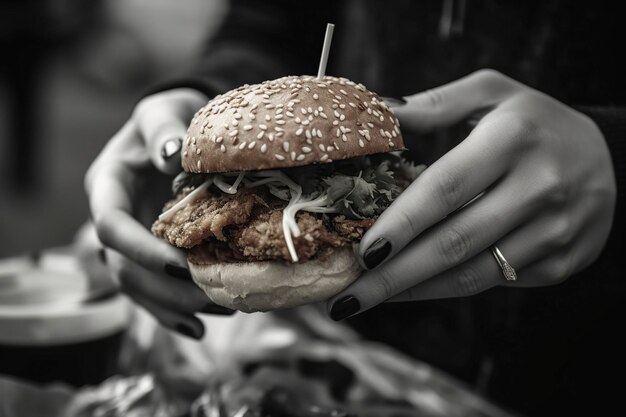 Photo illustration des mains d'une femme tenant un délicieux hamburger