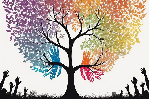 Illustration de mains multicolores contre une silhouette d'arbre symbolisant la croissance, l'unité et l'amour