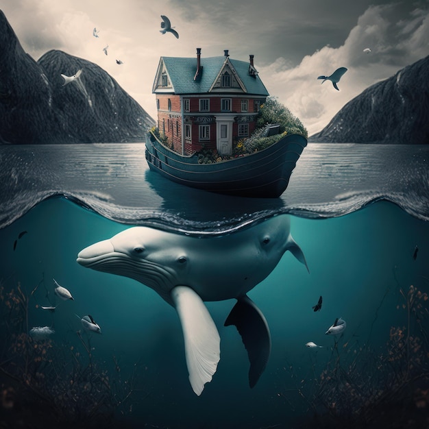 Une illustration d'une maison sur un bateau avec une maison dessus