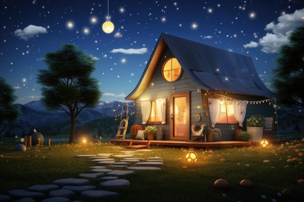 Illustration d'une maison en bois dans la forêt avec un beau ciel nocturne rendu 3D d'une petite maison sur l'herbe avec beaucoup de lumières AI généré