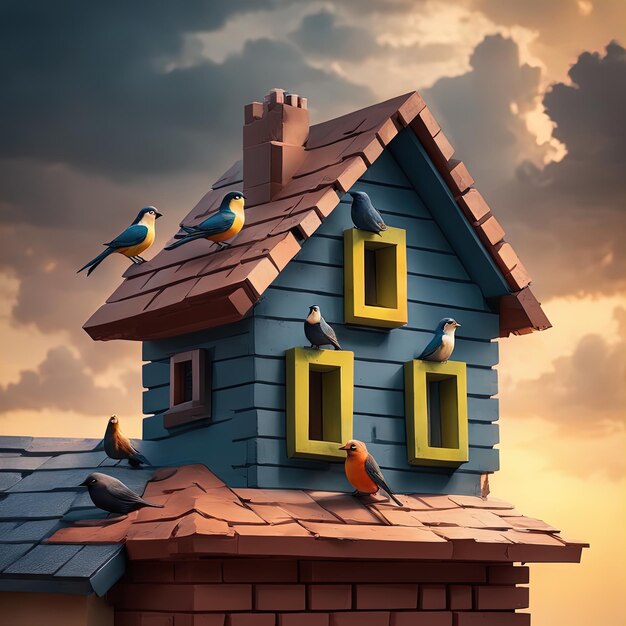 illustration d'une maison en bois avec toit et oiseauxune maison avec des oiseaux sur un toit en bois