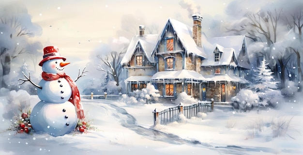 Illustration d'une maison avec un bonhomme de neige devant elle avec des chutes de neige