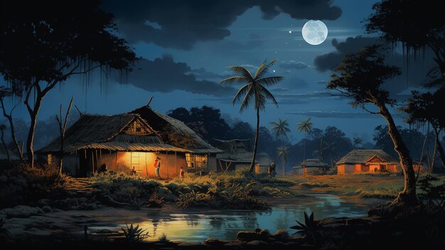 illustration d'une maison de campagne la nuit