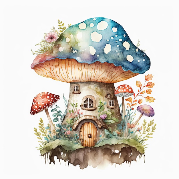 Illustration de maison de champignon magique aquarelle sur fond blanc Ai généré