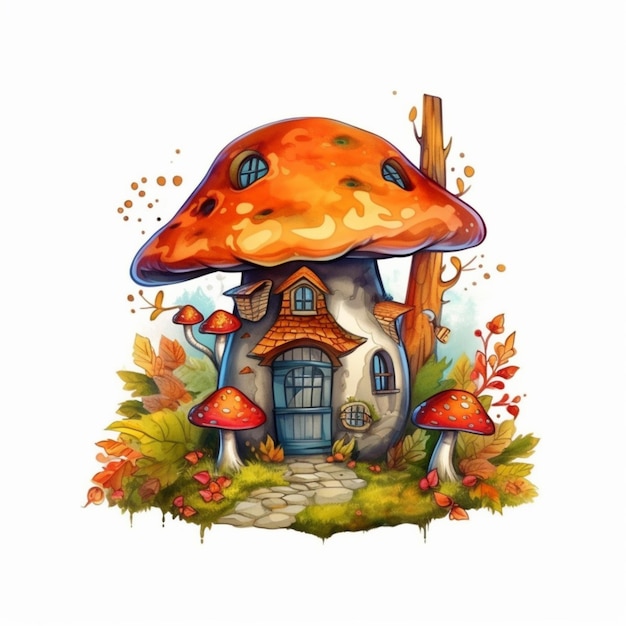 Illustration d'une maison champignon avec une porte et une fenêtre ai générative