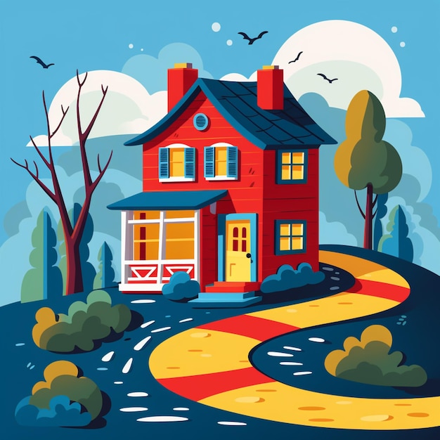 illustration d'une maison avec un chemin jaune qui mène à elle