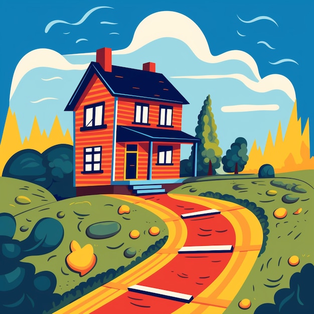 illustration d'une maison sur une colline avec un chemin qui mène à elle