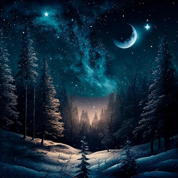 Illustration d'une maison dans une forêt nocturne parmi de grands arbres au clair de lune