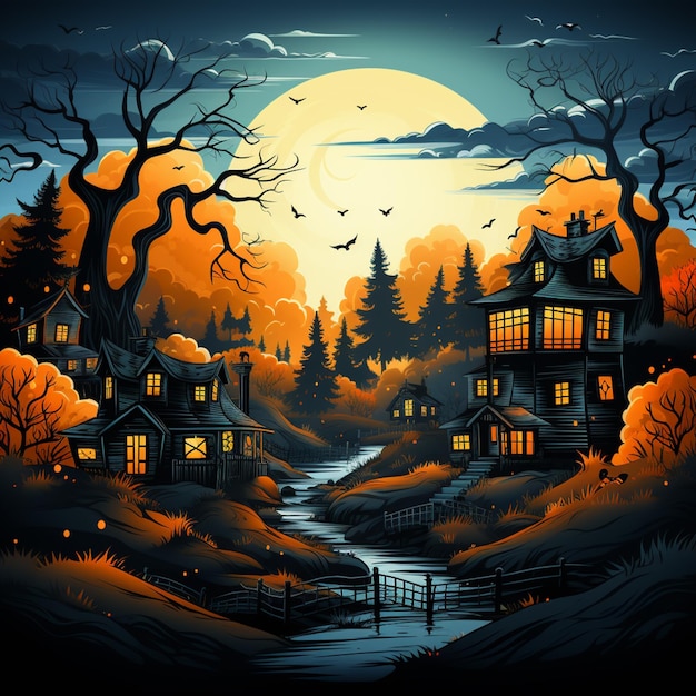 illustration d'une maison effrayante dans une forêt effrayante la nuit