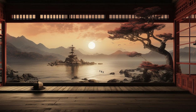 Illustration d'une maison japonaise avec vue sur la mer au coucher du soleil
