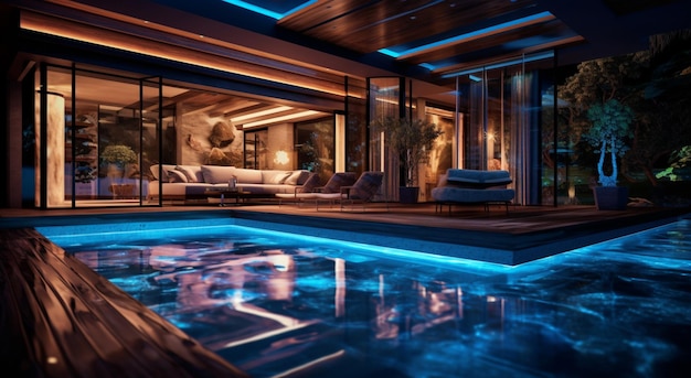 illustration d'une maison moderne avec piscine dans un style luxueux la nuit