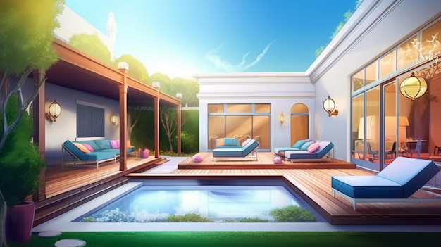 illustration d'une maison moderne avec piscine et patio ai génératif