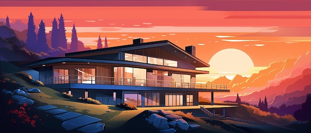 Illustration d'une maison privée moderne dans le style vectoriel à couleurs plates