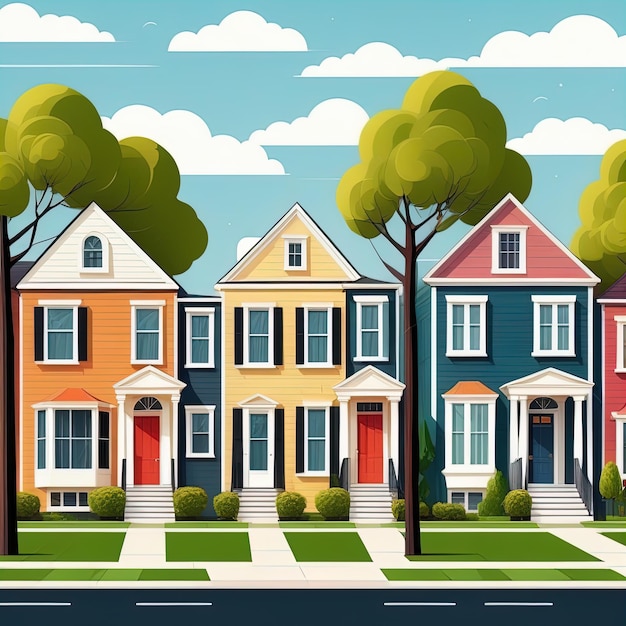 illustration de maison et de route de dessin animé de différentes maisons avec différentes couleurs vecteur de dessin animé plat