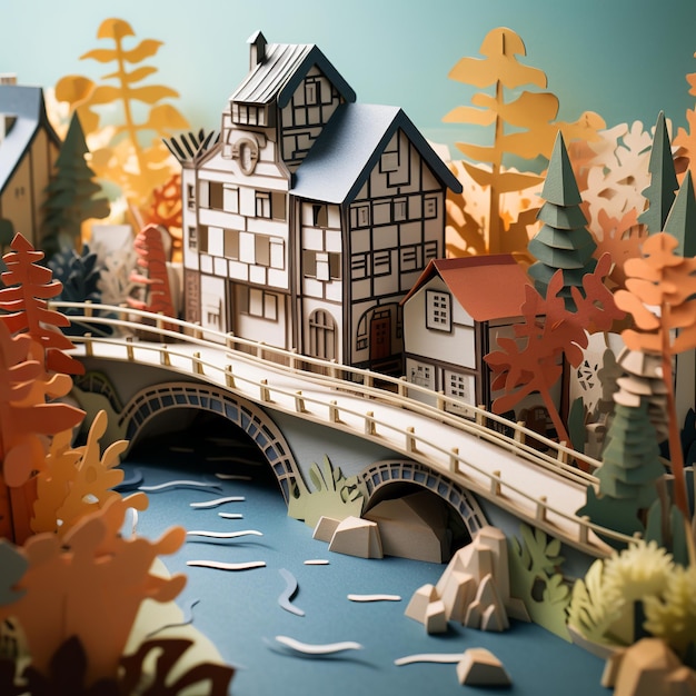 Illustration de maisons imprimées en 3D et de ponts dans une maison en bois à